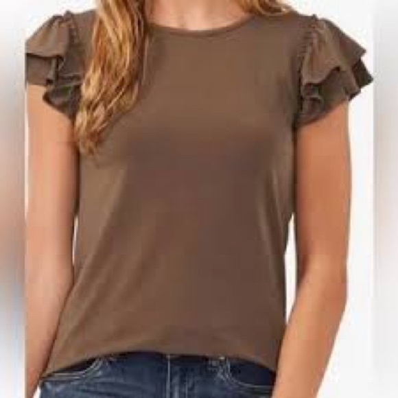 Cece Brown Short Sleeve Ruffle Tee T Shirt Top Blouse Medium M - Picture 1 of 5